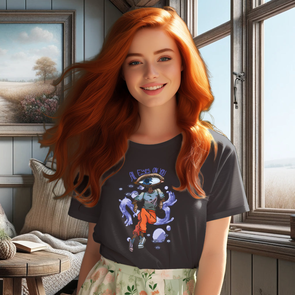 Model showcasing the 'All Eyes On You' T-Shirt in a deep Anthracite shade, accentuating the unique and artistic eye pattern, blending modern style with artistic flair.