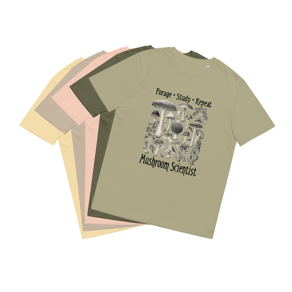 An artistic arrangement of 'Forage, Study, Repeat' Tee Shirts in various colors, each shirt capturing the essence of antique mushroom collections, perfect for those passionate about the quiet mysteries of the fungal world.