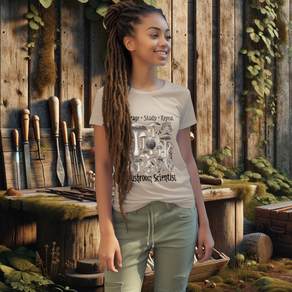 Featuring the 'Forage, Study, Repeat' Tee Shirt in desert dust, the model displays hyper-detailed mushroom renderings, a tribute to the timeless pursuit of botanical knowledge and nature's intricacies.