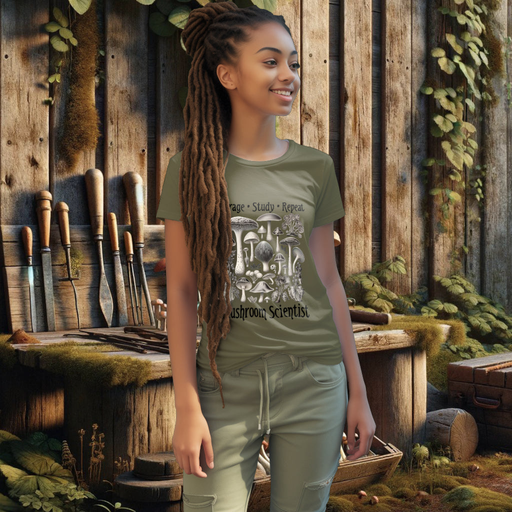 The 'Forage, Study, Repeat' organic cotton khaki tee on a model features intricate, monochromatic mushroom landscapes, ideal for enthusiasts of scientific exploration and eco-friendly apparel.