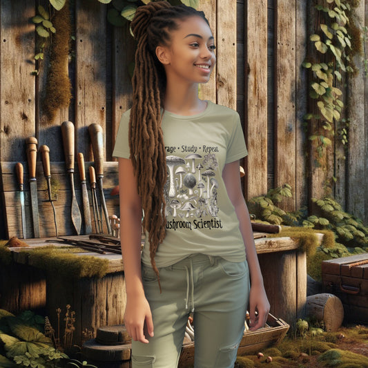 Model wearing the 'Forage, Study, Repeat' Tee Shirt in sage, showcasing an antique-style mushroom illustration, perfect for those who cherish the art of mycology and sustainable fashion.