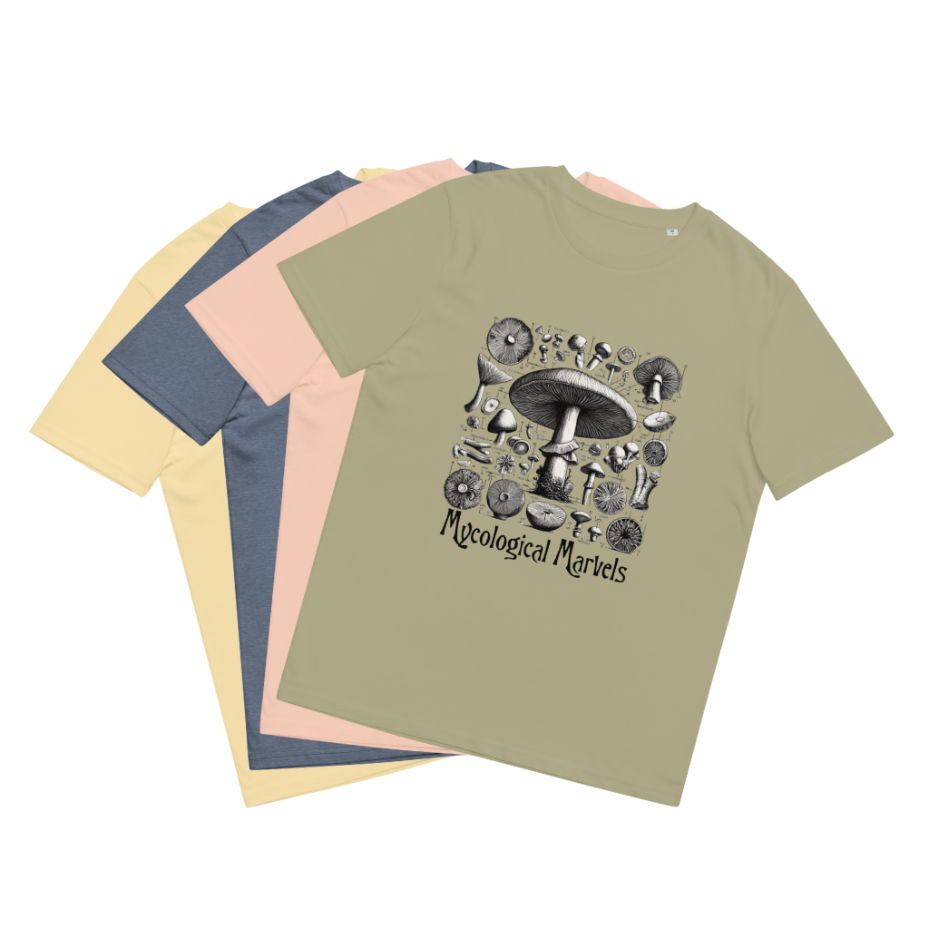 The 'Mycological Marvels' Tee Shirts presented in a fan-like display of all color options, with each shirt exhibiting the detailed mushroom designs that celebrate the scientific beauty of fungi, offering a palette of choices for the eco-conscious and stylish.