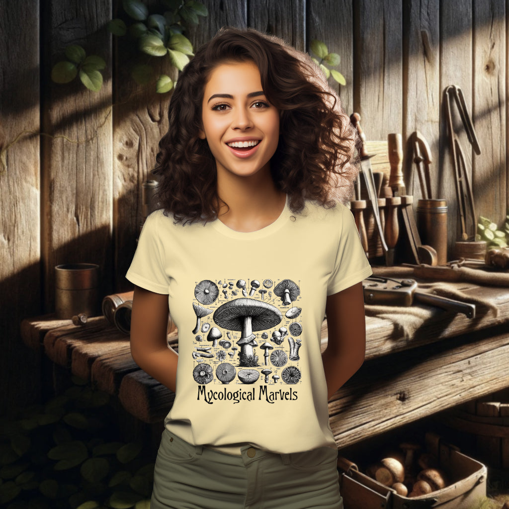 Wearing the 'Mycological Marvels' Tee Shirt in butter, the model presents a garment that's both stylish and educational, ideal for nature lovers and advocates of environmentally responsible living.