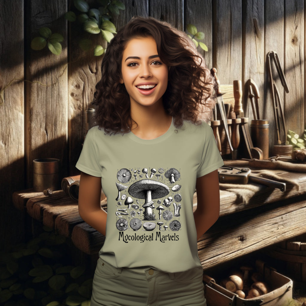 Featuring the 'Mycological Marvels' T-Shirt in sage, the model displays the fine details of mushroom species, a wearable homage to the wonders of the fungal kingdom for the curious and conservation-minded.