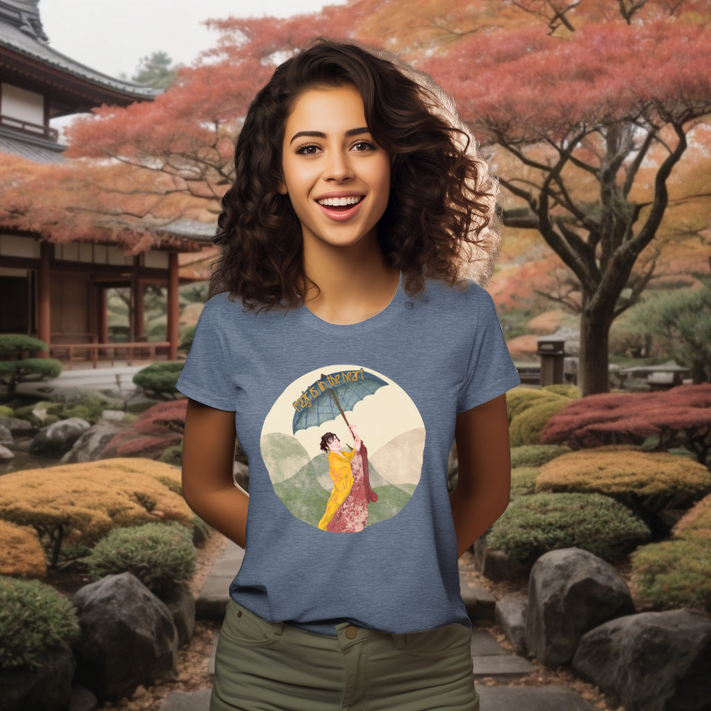 Model wearing the 'Magic is in the Heart' T-Shirt in Dark Heather Blue, featuring the captivating watercolor design of a woman in a kimono with a parasol, symbolizing the elegance of Japanese culture and the magic within.