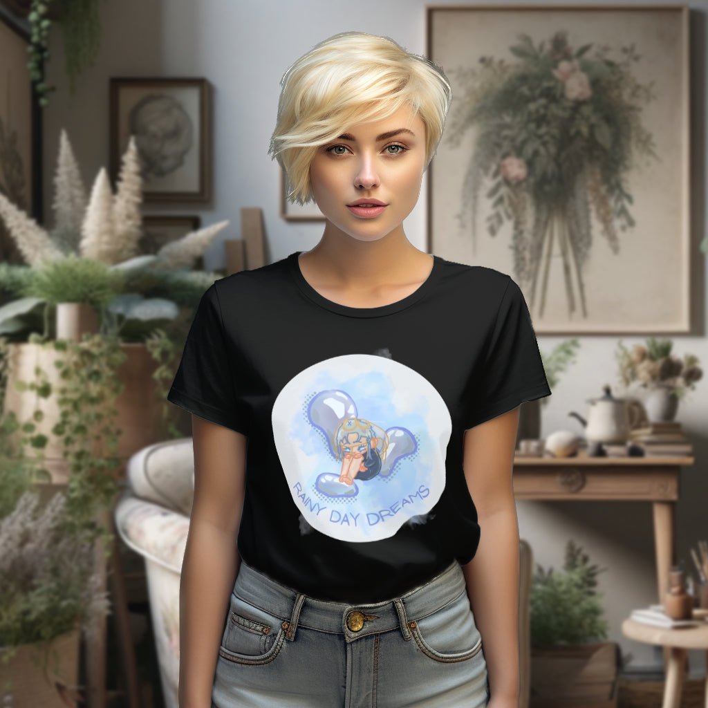 The 'Rainy Day Dreams' organic cotton tee in Black, modeled to showcase the heartfelt chibi design and the evocative message of finding solace in introspection and the imaginative spirit.
