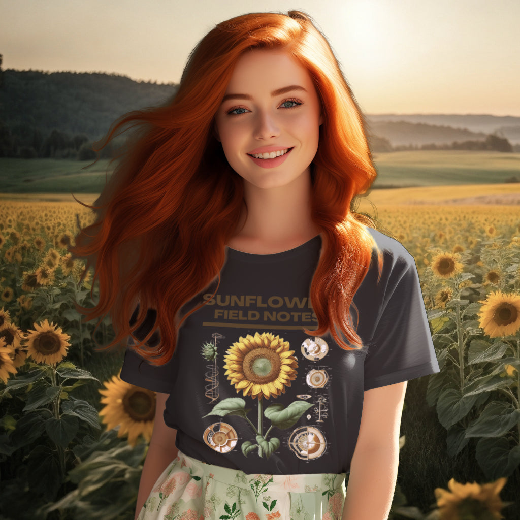 Featuring the 'Sunflower Field Notes' Tee Shirt in anthracite, the model displays the exquisite detail of the sunflower design, a wearable nod to the art of botany and natural science.