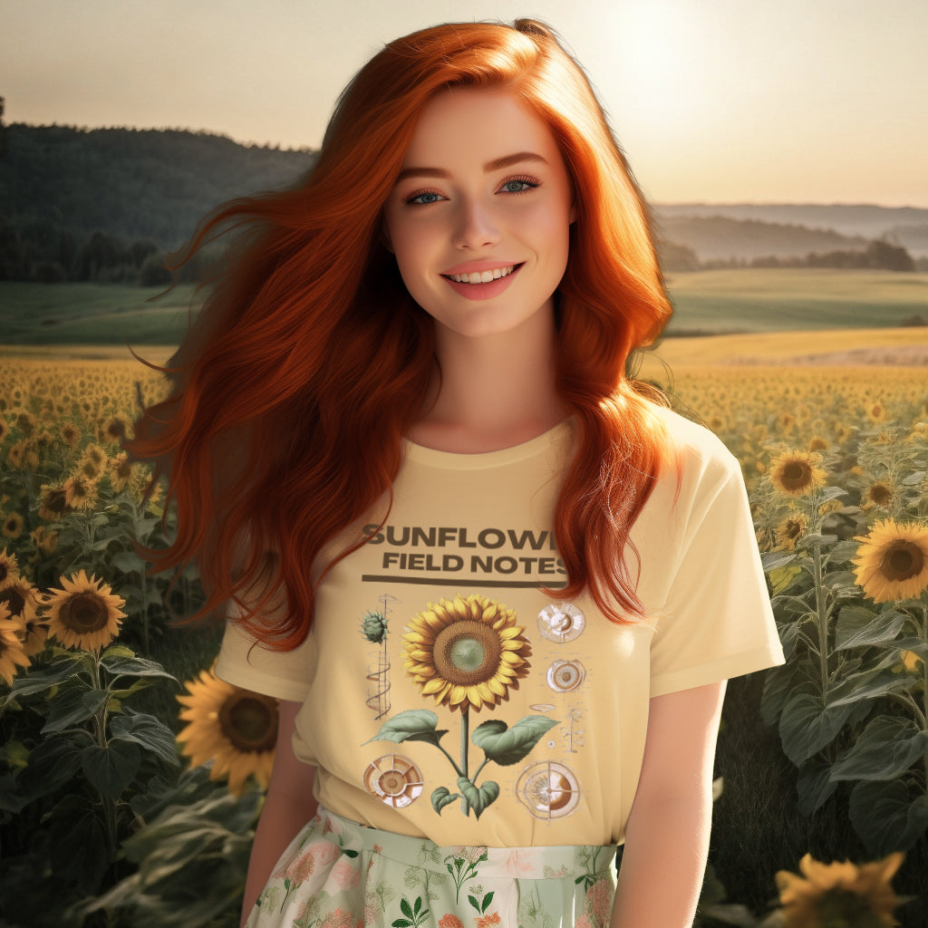 Wearing the 'Sunflower Field Notes' Tee Shirt in butter, the model presents a garment that's both educational and stylish, perfect for nature lovers and advocates of sustainable living.