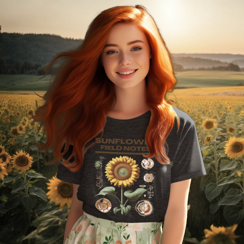 The 'Sunflower Field Notes' organic cotton tee in dark heather grey modeled with precision, showcasing the sunflower's botanical anatomy, ideal for those with a passion for flora and eco-conscious apparel.