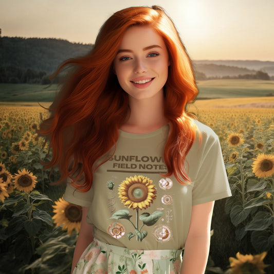 Model sports the 'Sunflower Field Notes' Tee Shirt in sage, with a detailed botanical illustration of a sunflower, celebrating the union of scientific art and sustainable fashion.
