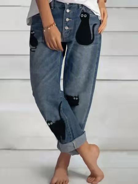 Vintage High Waist Loose Button-fly Jeans Cat Applique