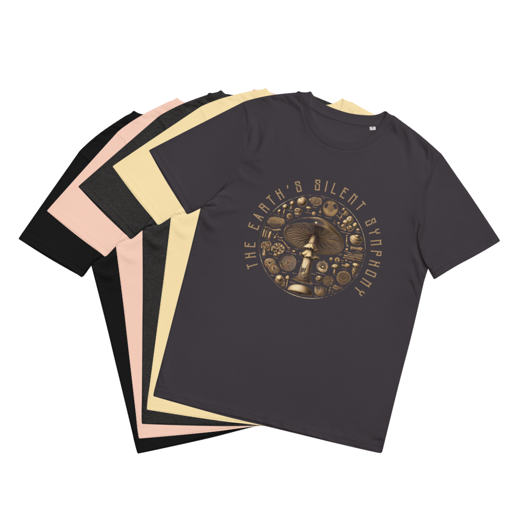 The full spectrum of 'The Earth's Silent Symphony' Tee Shirts presented like a bouquet, each shirt featuring the intricate mushroom designs in a circular array for a stylish celebration of mycological marvels.