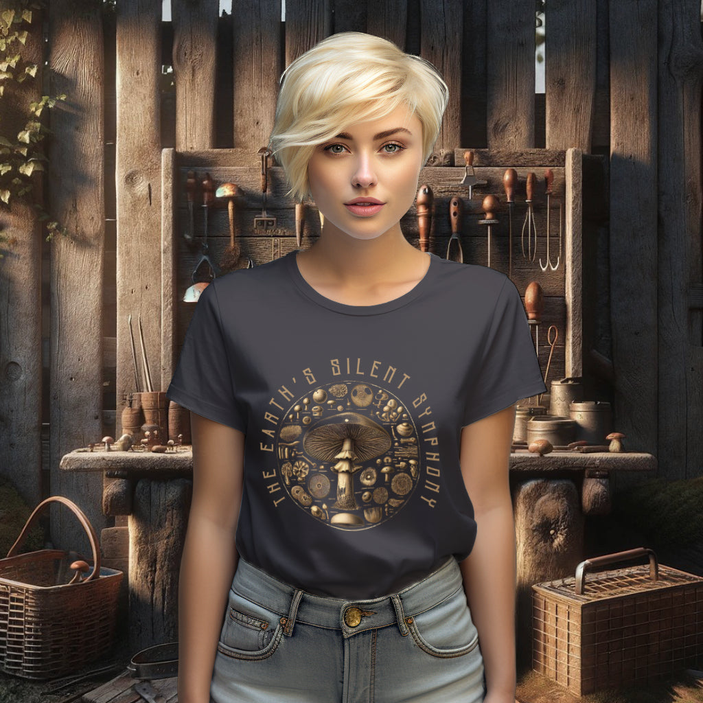On a model, the anthracite 'The Earth's Silent Symphony' Tee Shirt with its circular mushroom pattern stands as a chic and eco-friendly garment that beautifully spotlights the intricate art of nature.