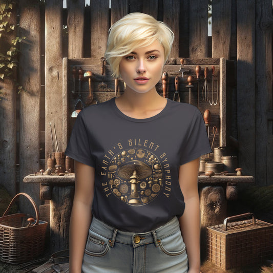 On a model, the anthracite 'The Earth's Silent Symphony' Tee Shirt with its circular mushroom pattern stands as a chic and eco-friendly garment that beautifully spotlights the intricate art of nature.
