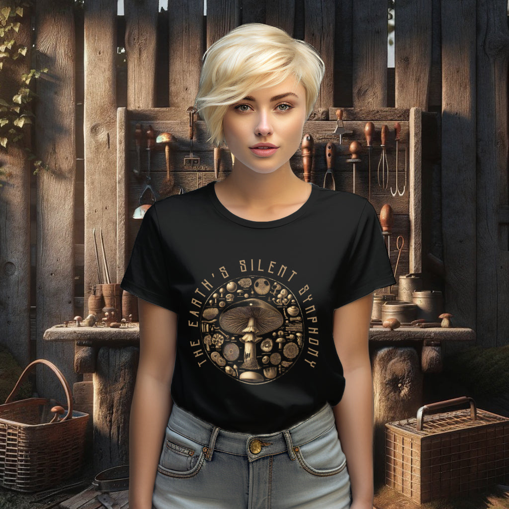 Model wearing 'The Earth's Silent Symphony' Tee Shirt in black, displaying a stunning array of scientifically illustrated mushrooms in a circular pattern, a testament to nature's interconnected wonders.
