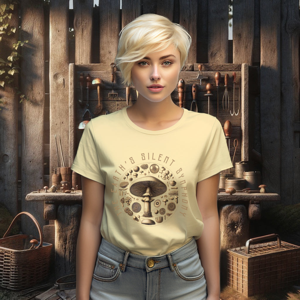 Wearing 'The Earth's Silent Symphony' Tee Shirt in butter, the model presents a wearable piece of art that celebrates the unsung heroes of nature's symphony, crafted for sustainability and style.