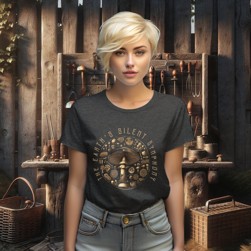 The 'The Earth's Silent Symphony' organic cotton dark heather grey tee on a model features a mesmerizing botanical depiction of mushrooms, symbolizing the silent yet vital role of fungi in our ecosystems.