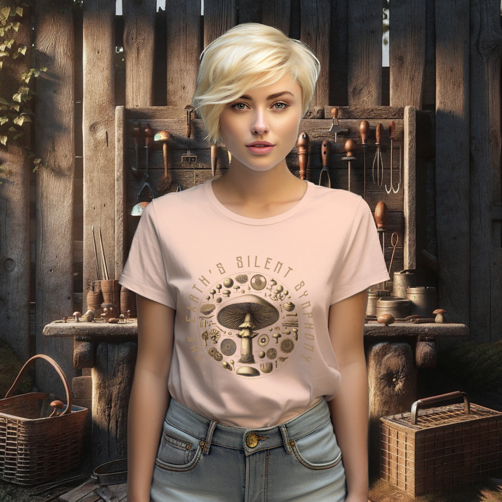 Featuring 'The Earth's Silent Symphony' Tee Shirt in fraiche peche, the model showcases the elegant circular arrangement of mushroom illustrations, inviting admiration for the quiet beauty of the natural world.