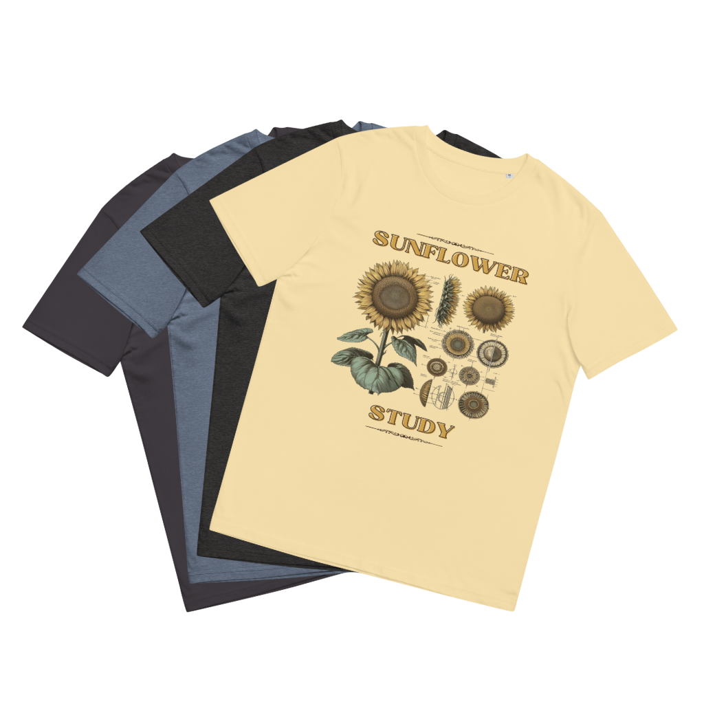 An array of 'Sunflower Study' Tee Shirts fanned out to display all color variants in a lay-flat image, each tee featuring the sunflower botanical illustration, showcasing a palette of eco-friendly options for nature lovers.
