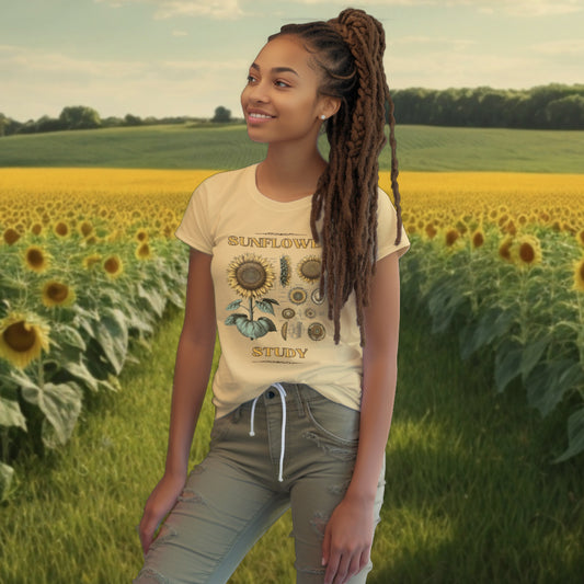 The 'Sunflower Study' organic cotton butter tee modeled with a lifelike sunflower depiction, marrying comfort with the natural elegance of botany-inspired art.