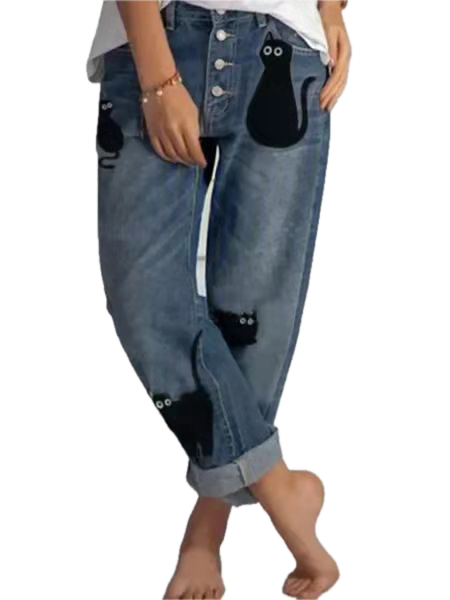 Vintage High Waist Loose Button-fly Jeans Cat Applique