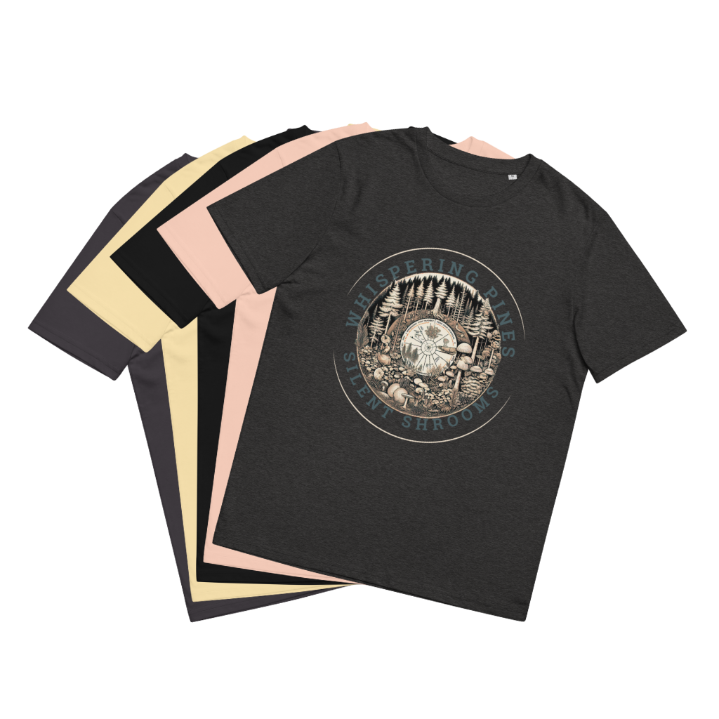 A vibrant collection of 'Whispering Pines, Silent Shrooms' Tee Shirts fanned out to display the forest ecosystem illustrations across all color options, celebrating the beauty and mystery of nature’s symbiosis.