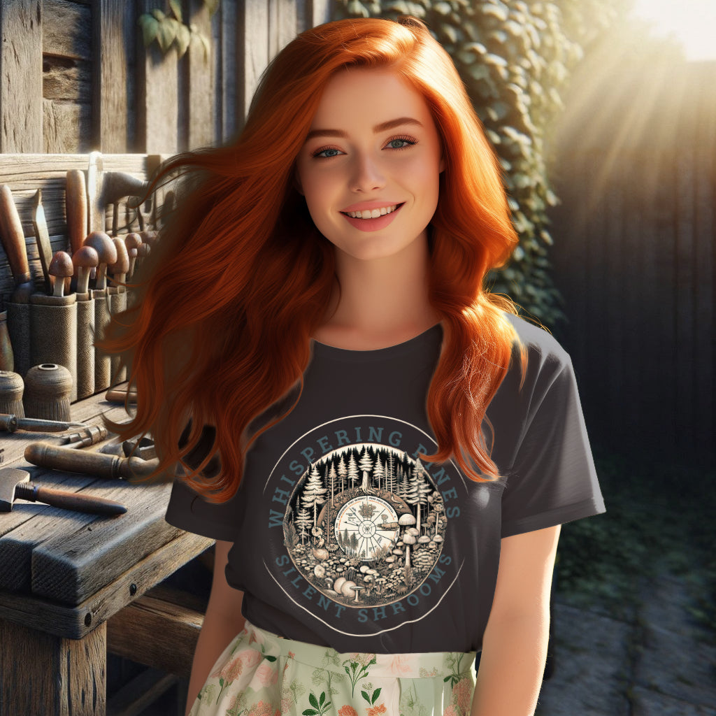 Featuring 'Whispering Pines, Silent Shrooms' Tee Shirt in anthracite, the model displays an artistic rendition of mushrooms and pines, celebrating the tranquil coexistence within nature.