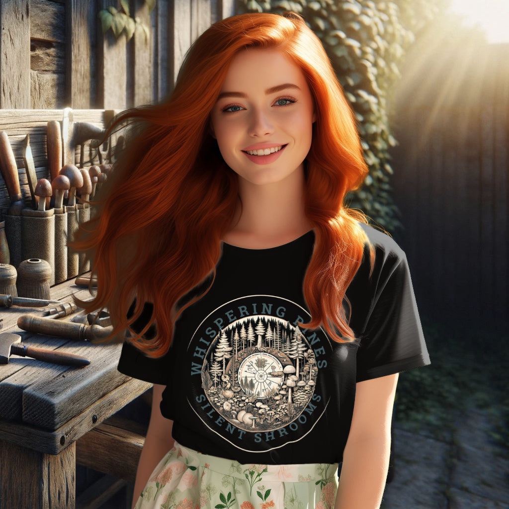 The 'Whispering Pines, Silent Shrooms' organic cotton black tee on a model showcases a detailed forest ecosystem, ideal for those captivated by the symbiotic relationship between fungi and trees.