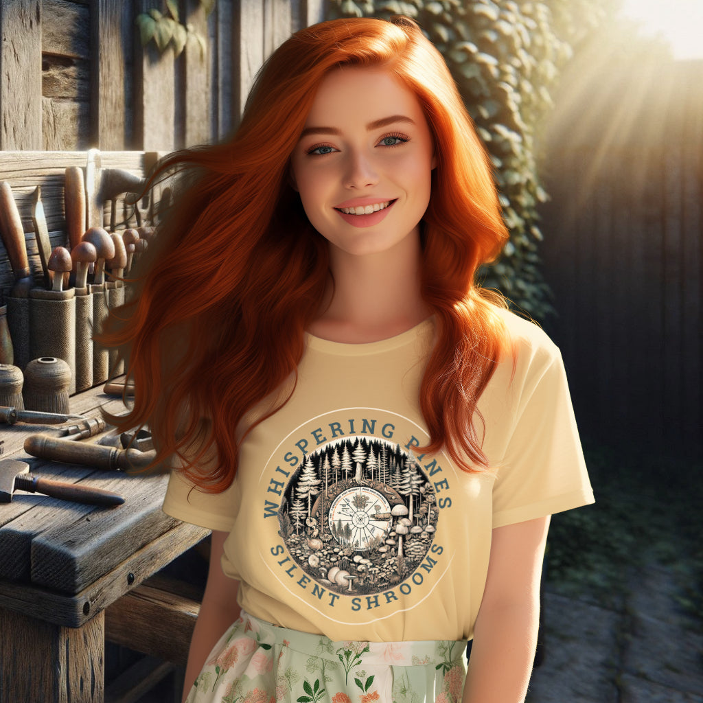 The 'Whispering Pines, Silent Shrooms' Tee Shirt in butter on a model exemplifies a blend of fashion, biology, and environmental awareness, with its picturesque forest ecosystem artwork.