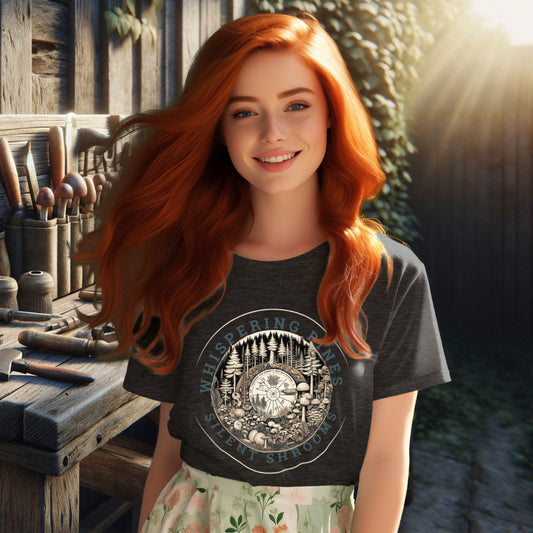 Model wearing 'Whispering Pines, Silent Shrooms' Tee Shirt in anthracite, displaying a serene circular pattern of mushrooms and pine trees, symbolizing the silent harmony of forest life.