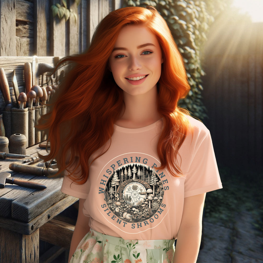Wearing 'Whispering Pines, Silent Shrooms' Tee Shirt in fraiche peche, the model presents a garment that encapsulates the peaceful interplay of forest elements, crafted for the eco-conscious and nature lovers.
