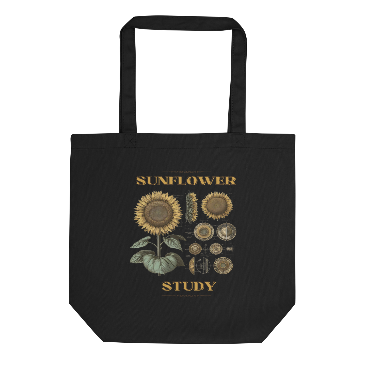 Lay-flat image of the 'Sunflower Study' Sunflower Tote Bag in black, emphasizing the scientific botanical artwork, a sophisticated and eco-friendly choice for the discerning nature enthusiast.