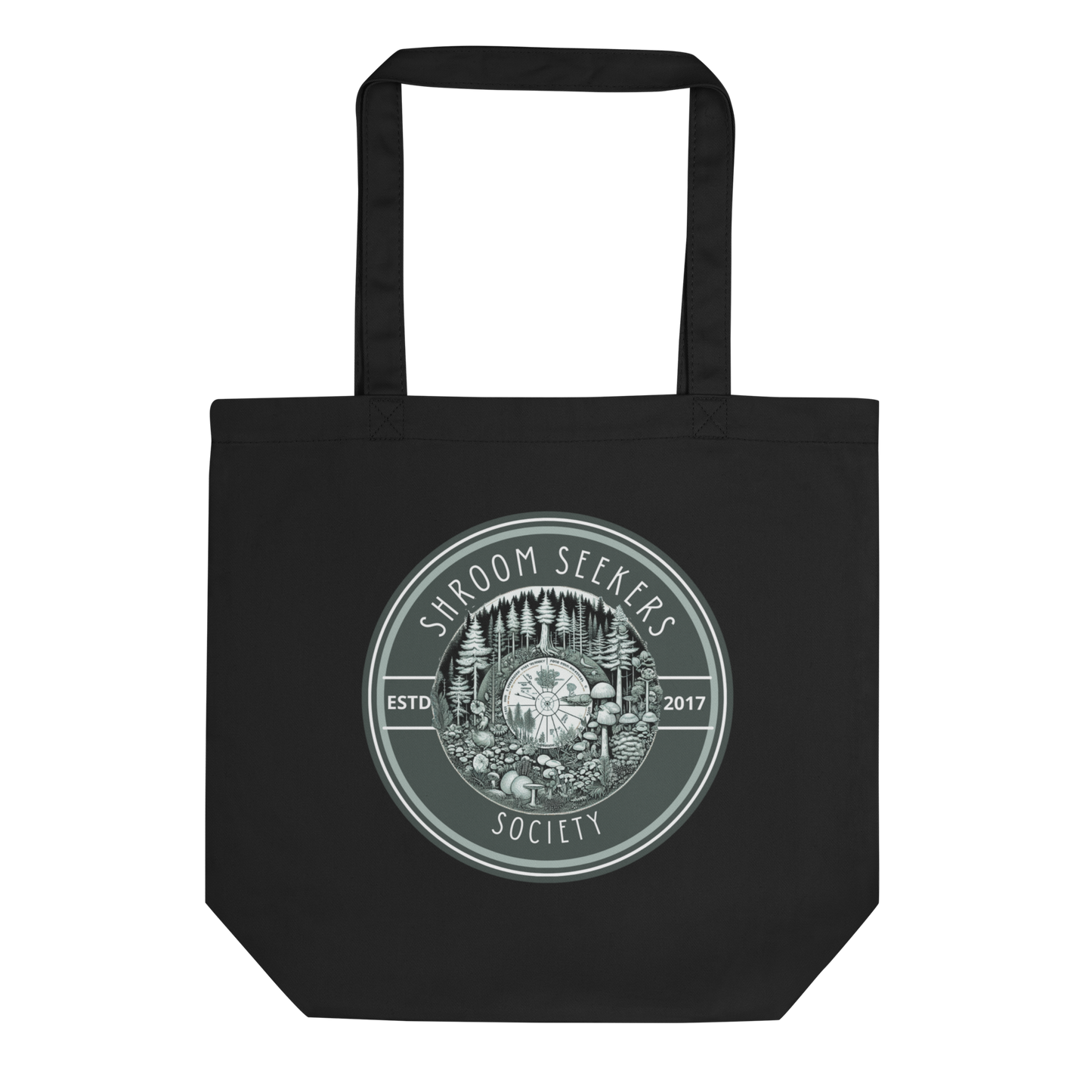 Close-up of the 'Shroom Seekers Society' black tote, laid flat to showcase the detailed mushroom and pine tree art, perfect for combining eco-conscious fashion with a love for botanical science.