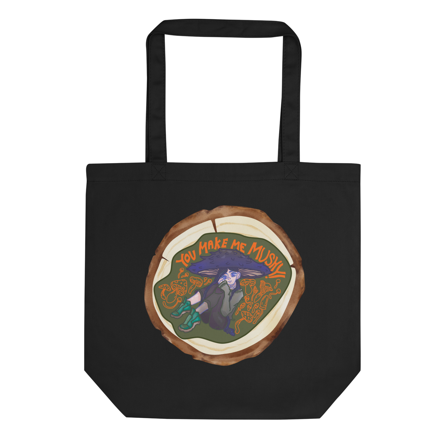 Close-up of the 'You Make Me Mushy' black tote, laid flat to showcase the whimsical mushroom design, an ideal choice for those who value unique artistic expressions and environmental responsibility.
