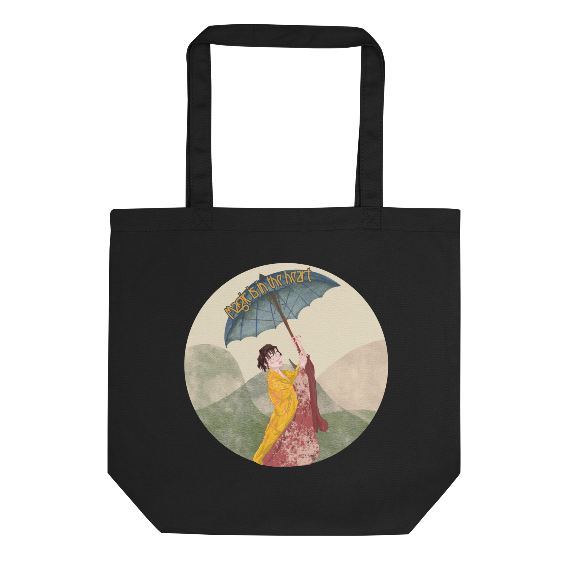 Lay-flat image of the 'Magic is in the Heart' Tote in black, emphasizing the detailed watercolor design of the young woman in a kimono, a stylish and sustainable choice for the environmentally aware and artistically inclined.
