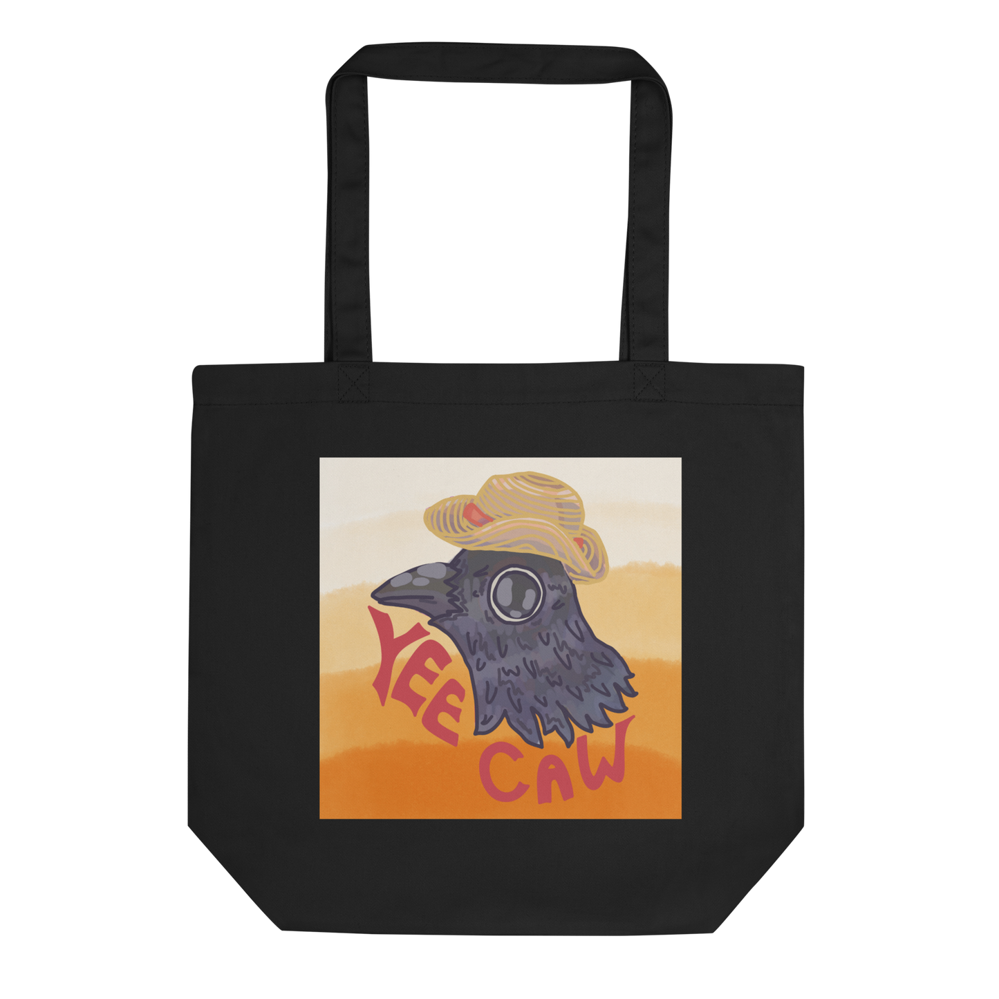 Close-up of the 'Yee Caw' black tote, laid flat to showcase the whimsical crow design, an ideal choice for those who value unique artistic expressions and environmental responsibility.