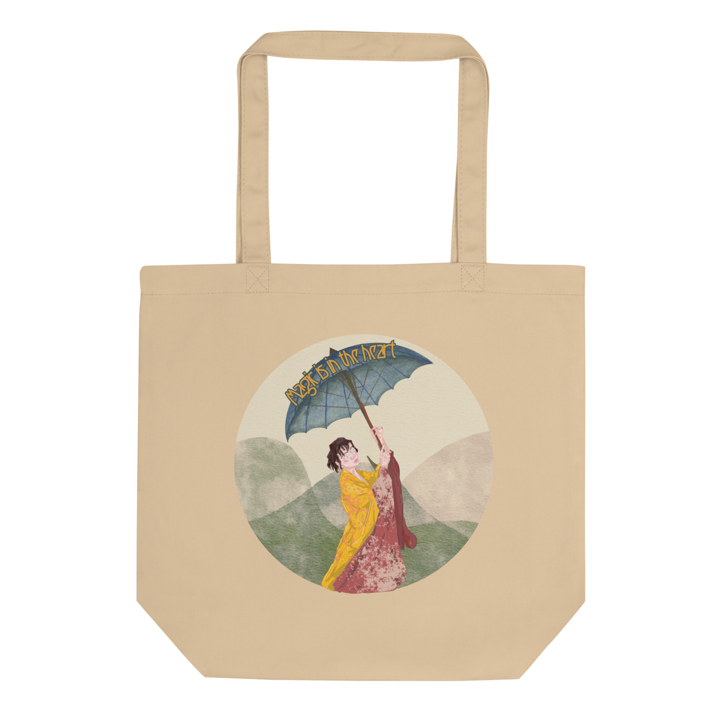 Lay-flat view of the 'Magic is in the Heart' Tote in oyster, featuring the vibrant watercolor design of the kimono-clad woman, a delightful addition to any eco-conscious fashion ensemble.