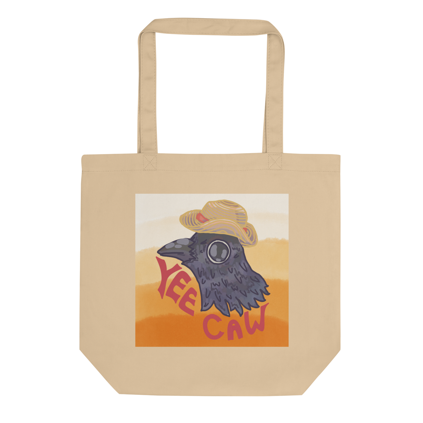 Lay-flat view of the 'Yee Caw' Tote in oyster, featuring the vibrant watercolor design of the crow declaring "Yee Caw," a delightful addition to any eco-conscious fashion ensemble.