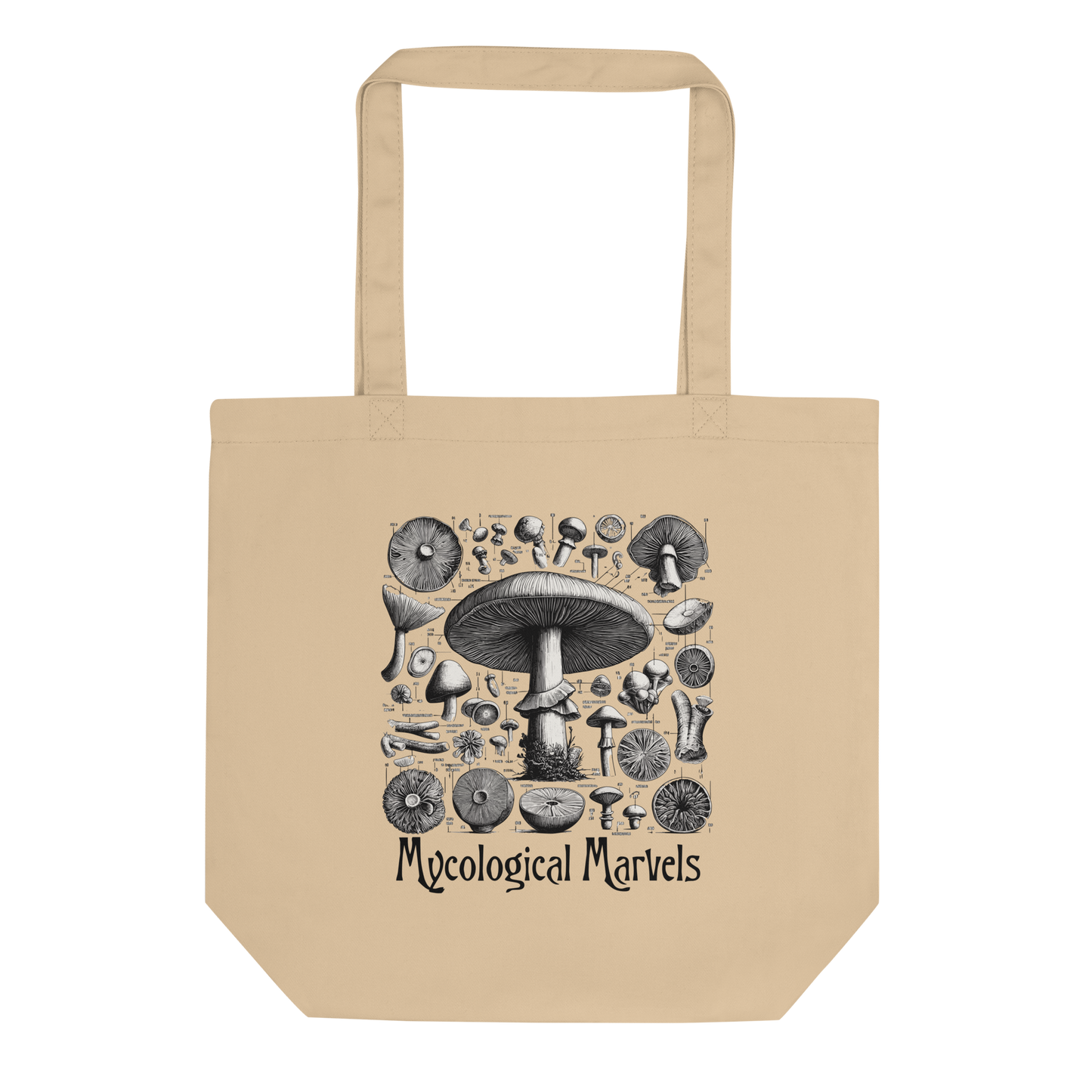 Lay-flat view of the 'Mycological Marvels' Tote Bag in oyster, featuring the vibrant botanical mushroom illustrations, a delightful choice for those dedicated to artistry, precision, and sustainability.