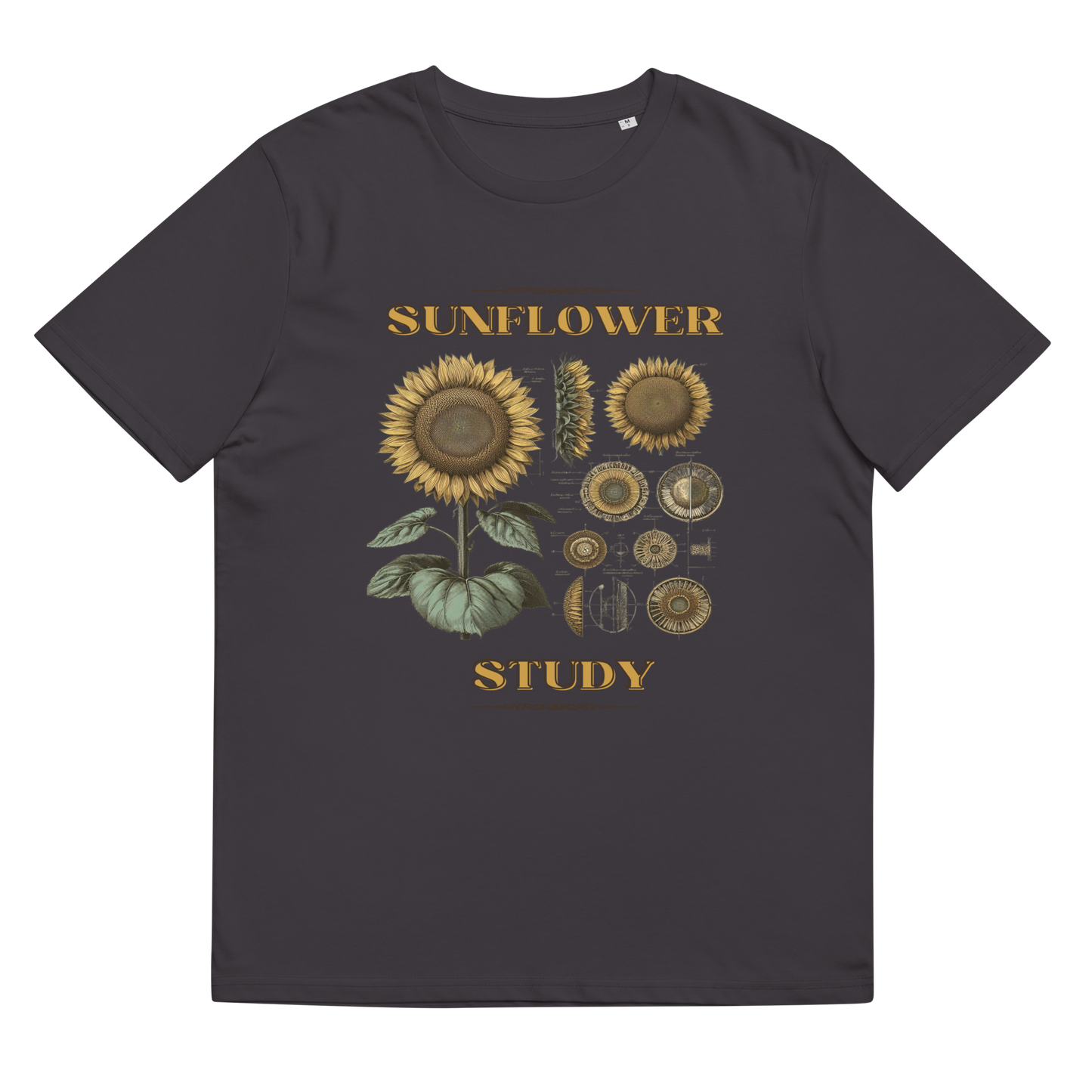 The 'Sunflower Study' design on an anthracite tee, presented in a lay-flat image, captures the essence of the sunflower with botanical precision, perfect for fans of floral art and organic apparel.