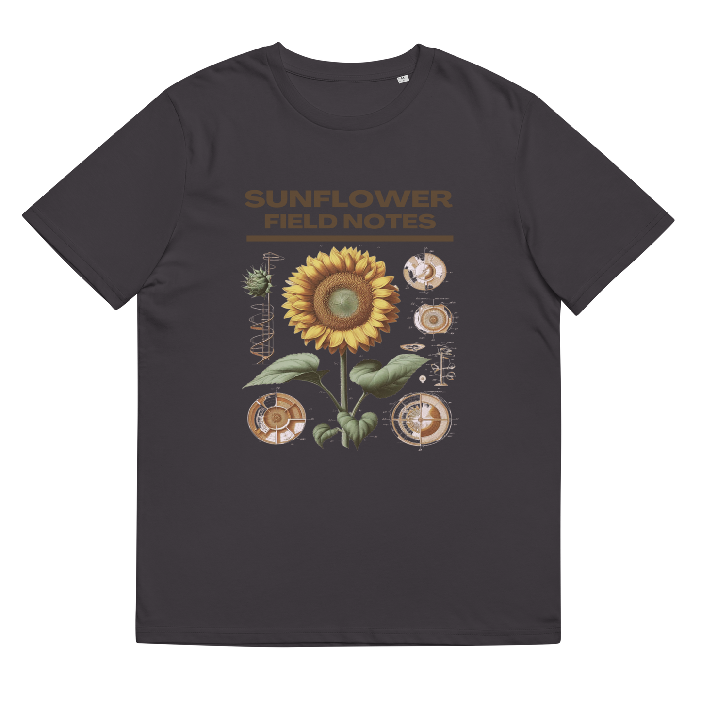 The 'Sunflower Field Notes' design on an anthracite tee, presented in a lay-flat image, captures the essence of the sunflower with botanical accuracy, perfect for admirers of floral science and organic fashion.