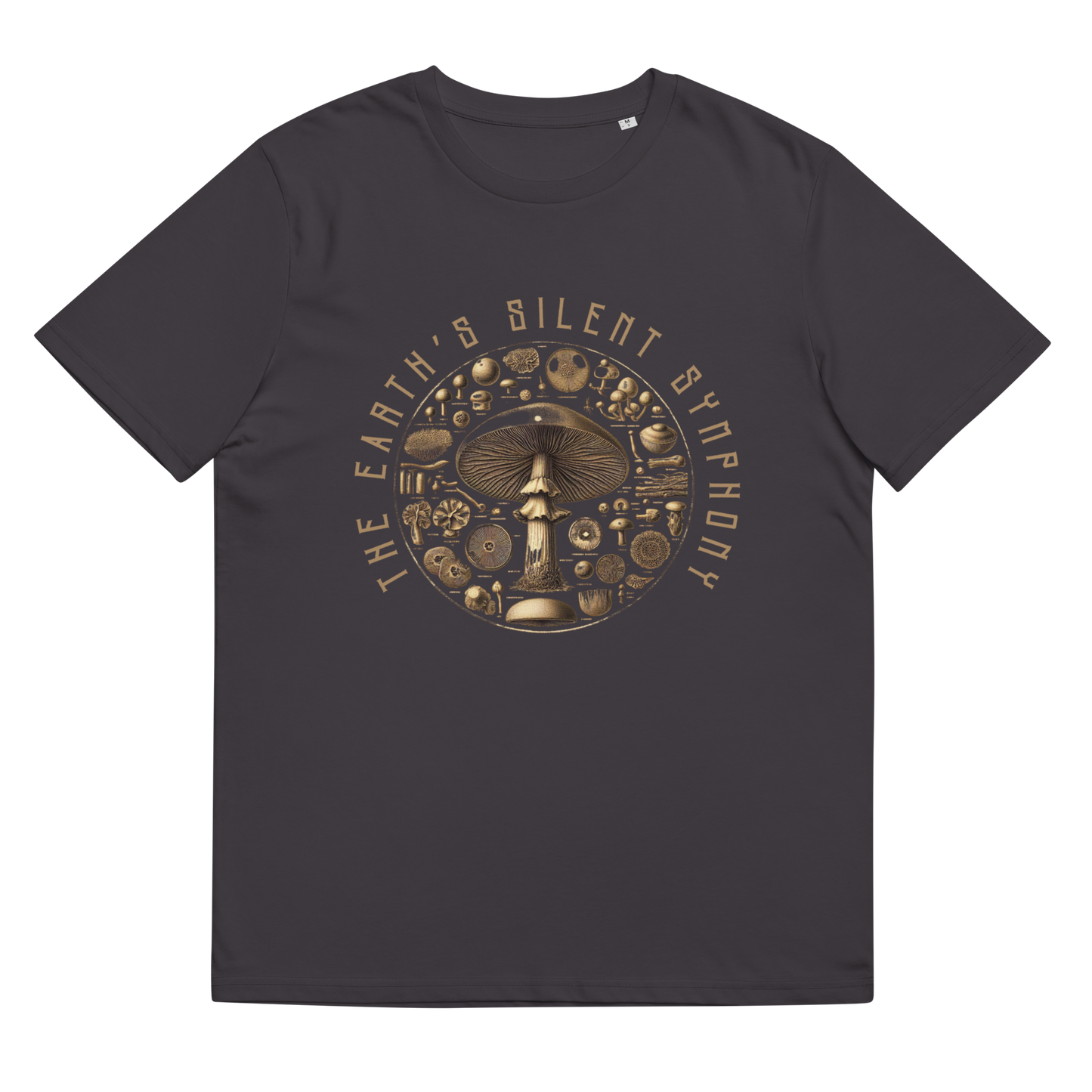Close-up of 'The Earth's Silent Symphony' design on an anthracite tee, focusing on the detailed mushroom study in a circular pattern, symbolizing a deep appreciation for nature's complexities and sustainable living.
