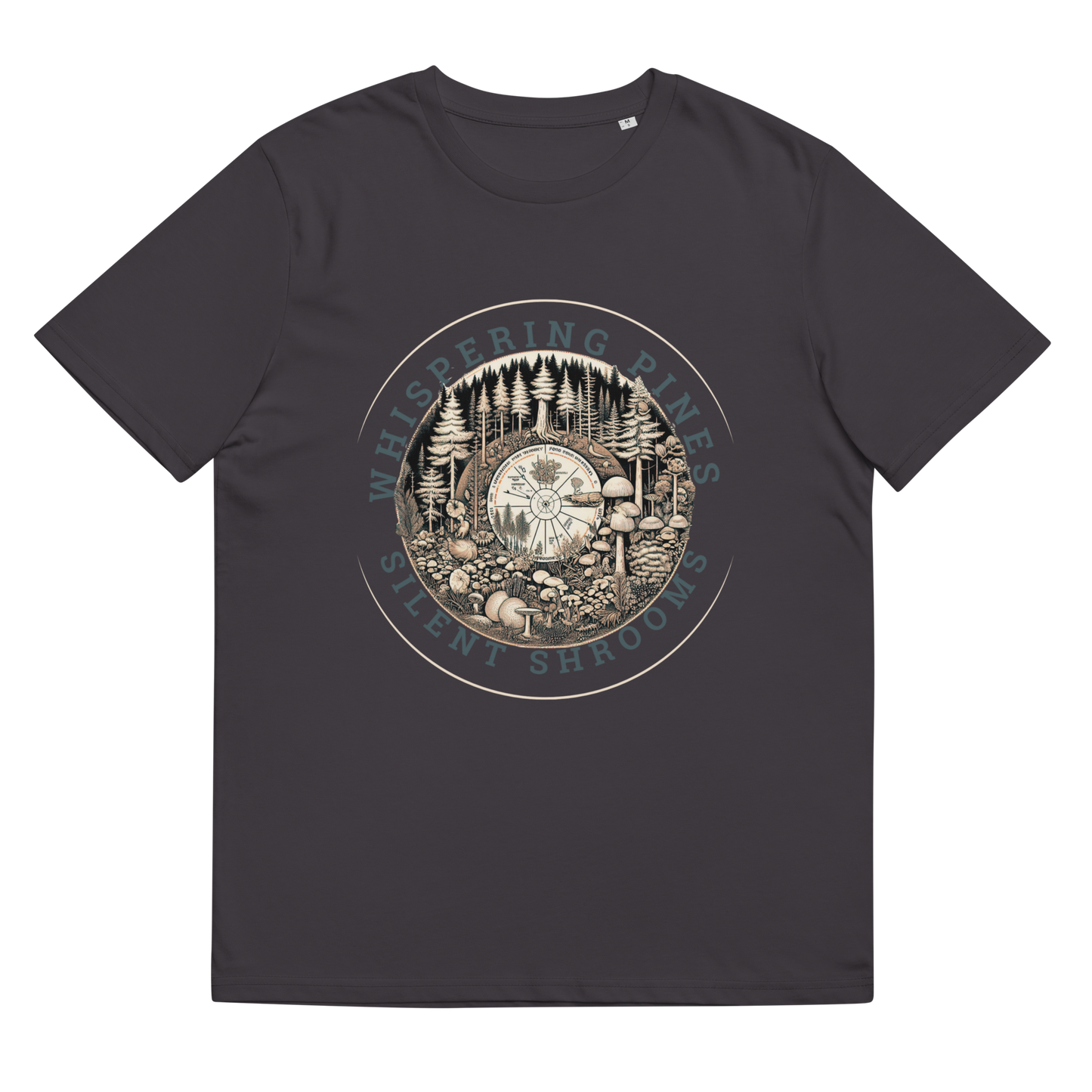 'Whispering Pines, Silent Shrooms' design on an anthracite tee, presented in a lay-flat image, captures the essence of a forest’s serene ecosystem with mushrooms and pines, perfect for admirers of ecological science.
