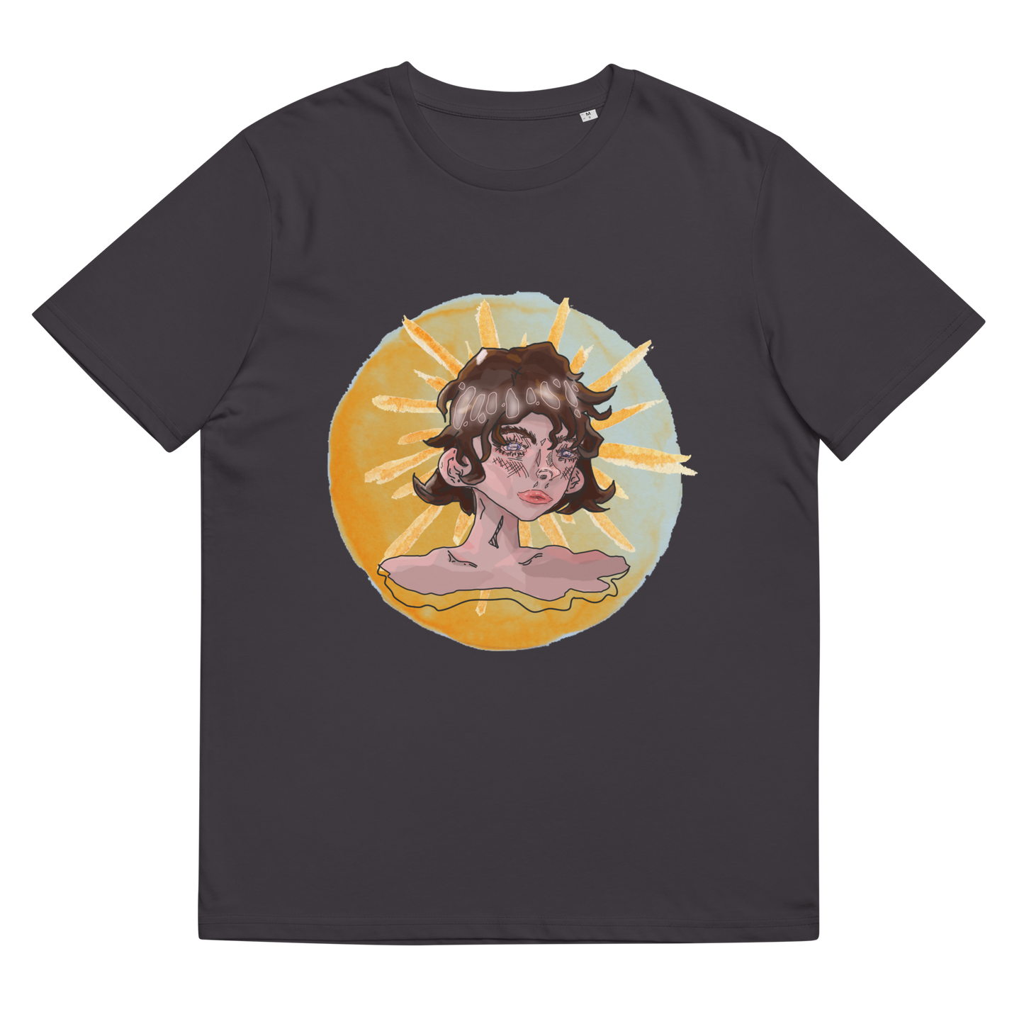 The 'Sunshine Girl' design on an anthracite tee, presented in a lay-flat image, highlights the spontaneous paint strokes and wet-on-wet technique, capturing the essence of artistic innovation.