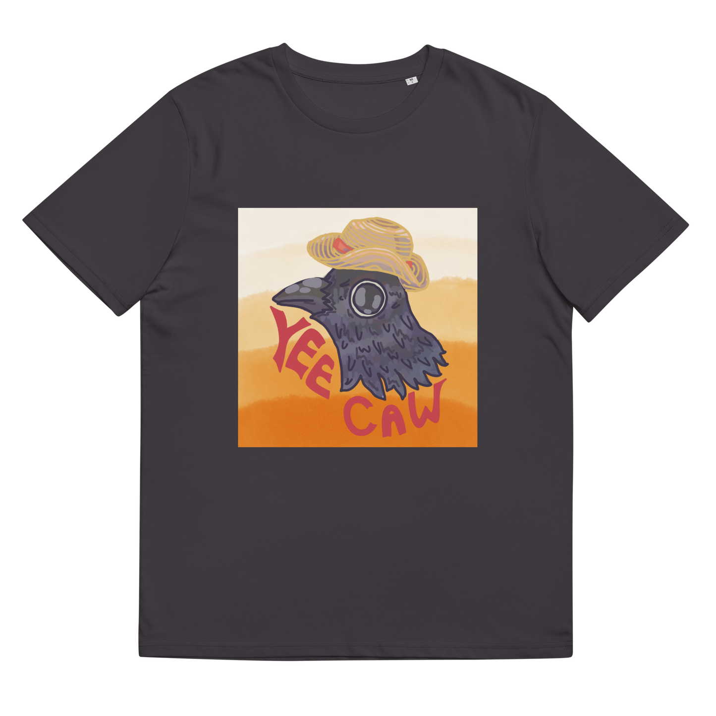 Close-up of the 'Yee Caw' T-Shirt in Anthracite, laid flat to showcase the crow head artwork, a humorous nod to rural charm and carefree adventures.