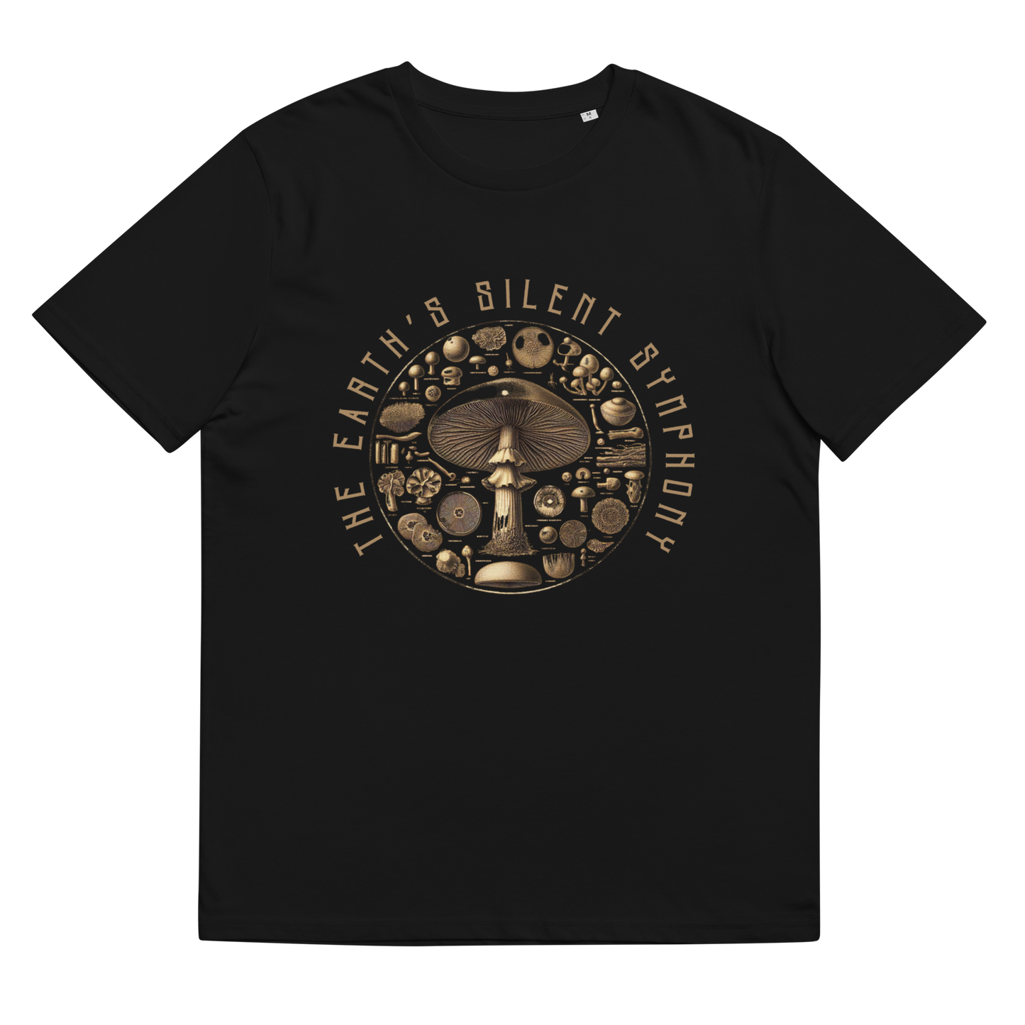 Lay-flat image of 'The Earth's Silent Symphony' Tee Shirt in black, highlighting the scientific botanical illustration of mushrooms, a statement piece for those who value precision and sustainable style.