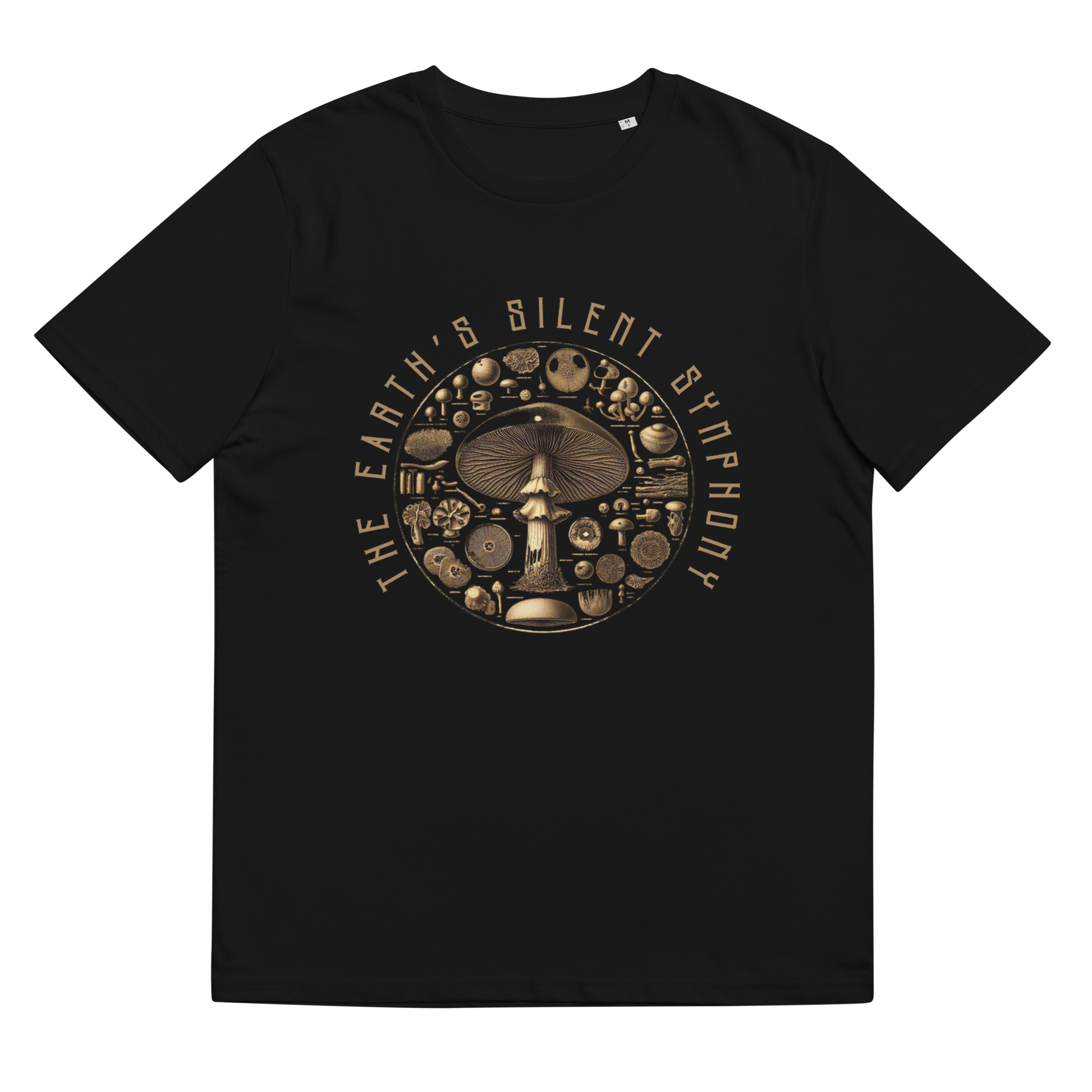 Lay-flat image of 'The Earth's Silent Symphony' Tee Shirt in black, highlighting the scientific botanical illustration of mushrooms, a statement piece for those who value precision and sustainable style.