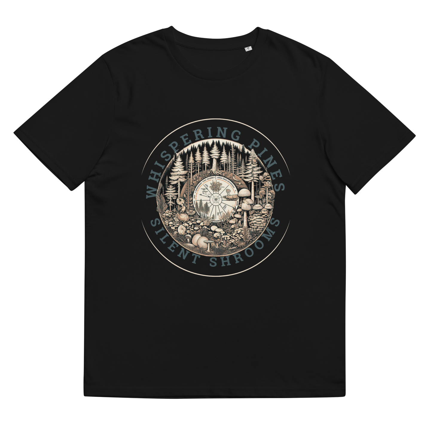 Close-up of 'Whispering Pines, Silent Shrooms' Tee Shirt in black, laid flat to exhibit the intricate design of the woodland scene, showcasing an appreciation for ecological art and eco-conscious choices.