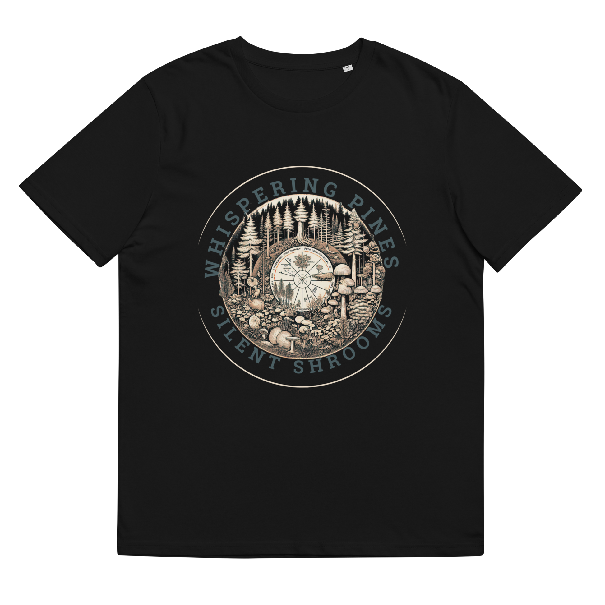 Close-up of 'Whispering Pines, Silent Shrooms' Tee Shirt in black, laid flat to exhibit the intricate design of the woodland scene, showcasing an appreciation for ecological art and eco-conscious choices.