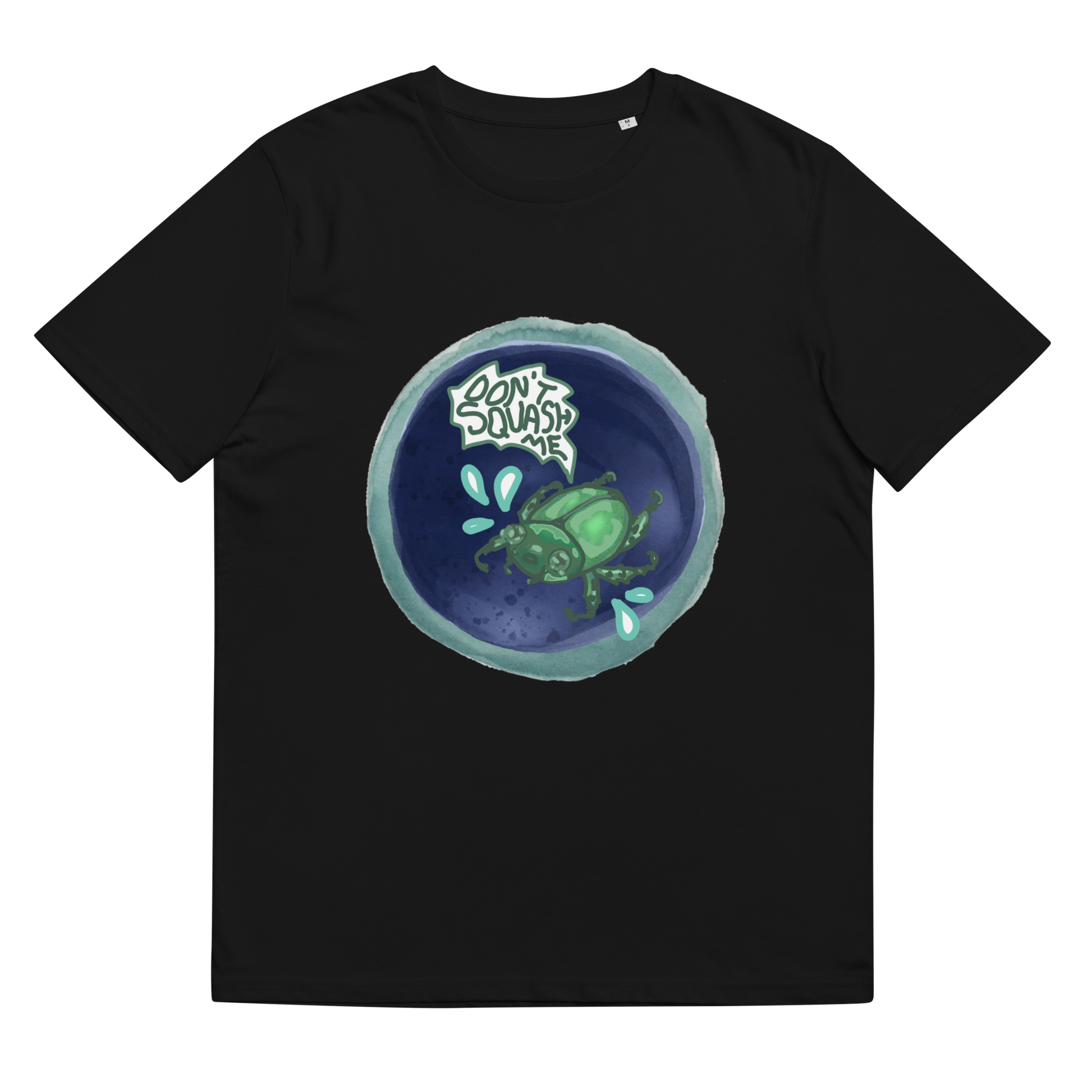 Lay-flat view of the 'Don't Squash Me' T-Shirt in Black, emphasizing the vibrant watercolor beetle design, blending a bold fashion statement with a message of compassion and awareness.